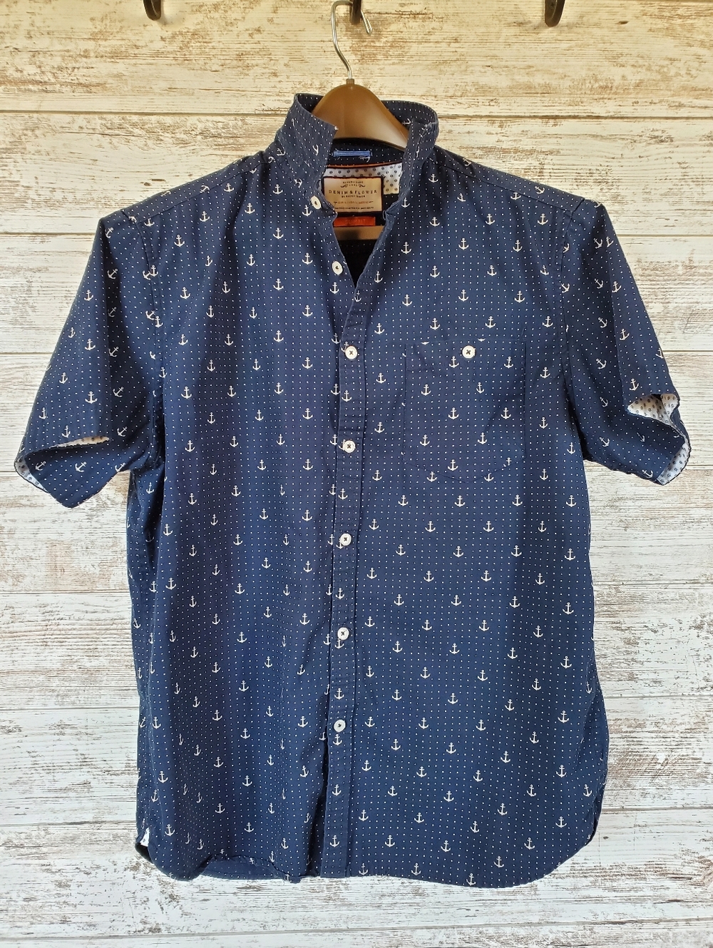 Denim & Flower Anchor Ricky Singh  Slim Fit Navy  Short Sleeve Button Down Shirt